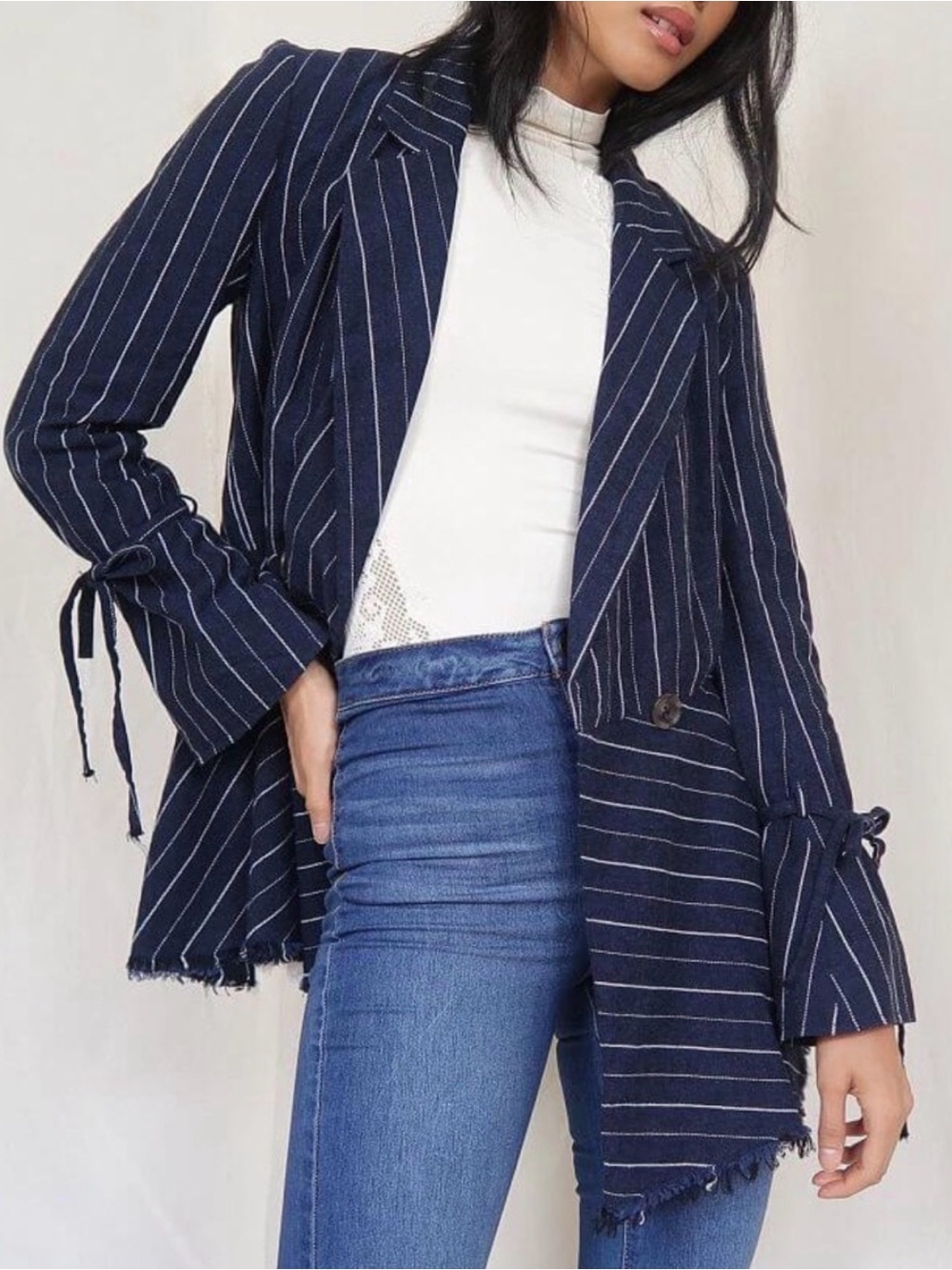 Free People Stella Pinstripe Linen Blazer Navy Blue Size Large